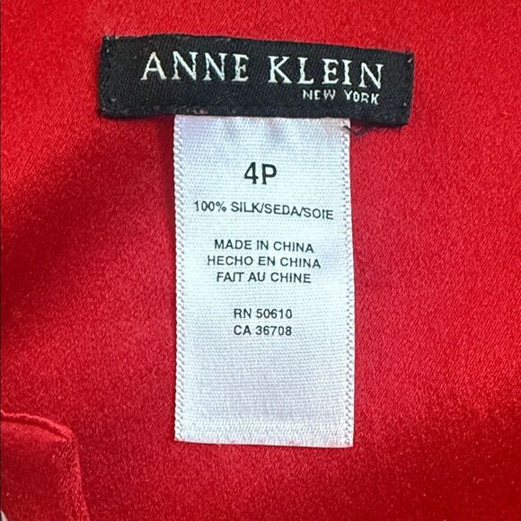 Anne Klein New York Black Label Red Satin Top 100% Silk Long Sleeve 4P - Picture 6 of 7